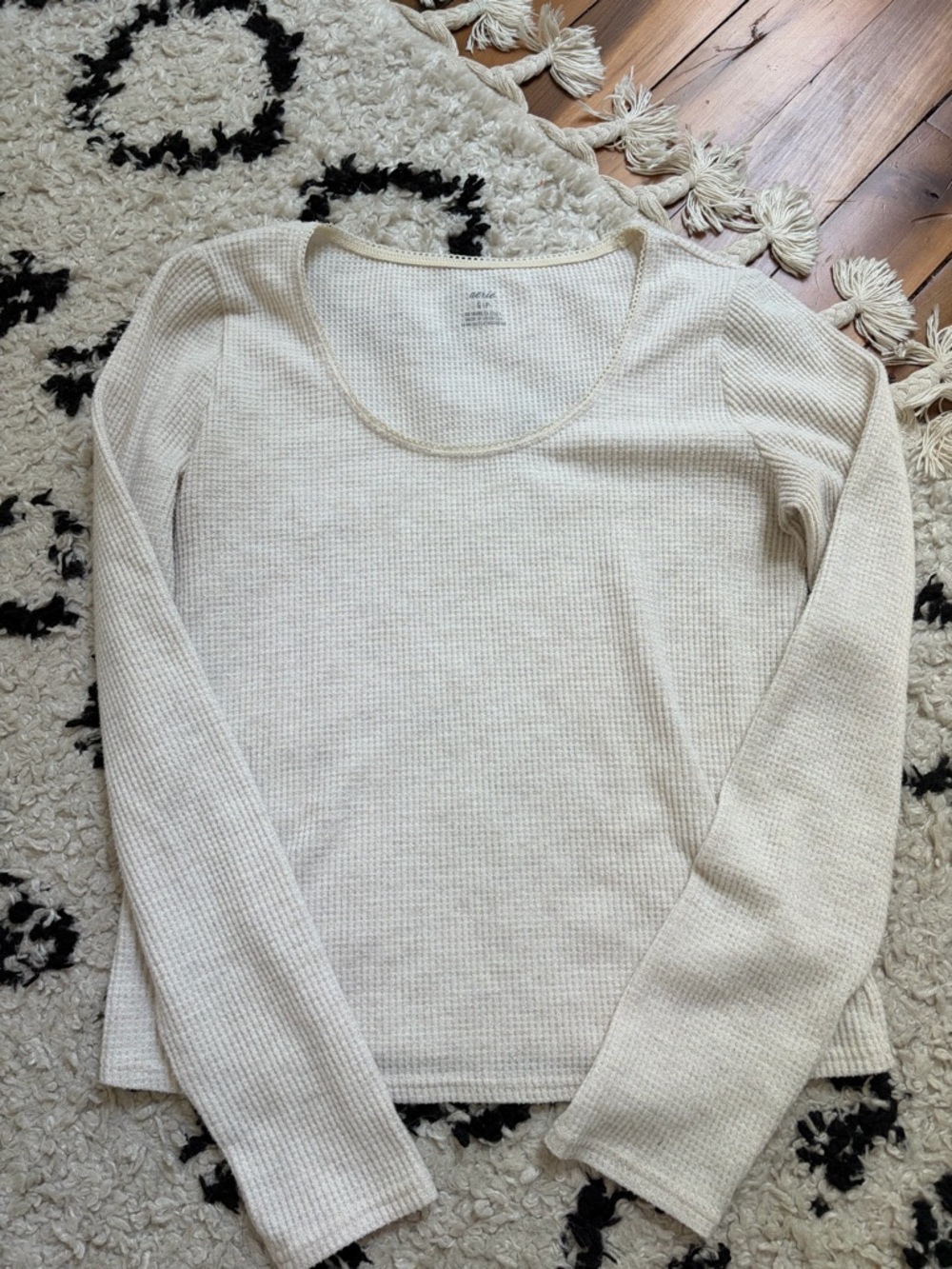 aerie Cream Waffle Knit Scoop Neck Top